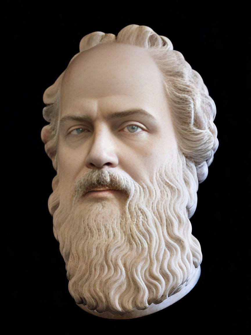 Realistic sculpture of man's head with full beard, mustache, and wavy hair on black