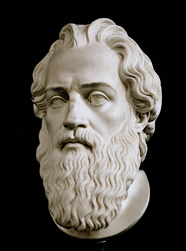 Detailed marble bust of bearded man with curly hair and contemplative gaze on black background