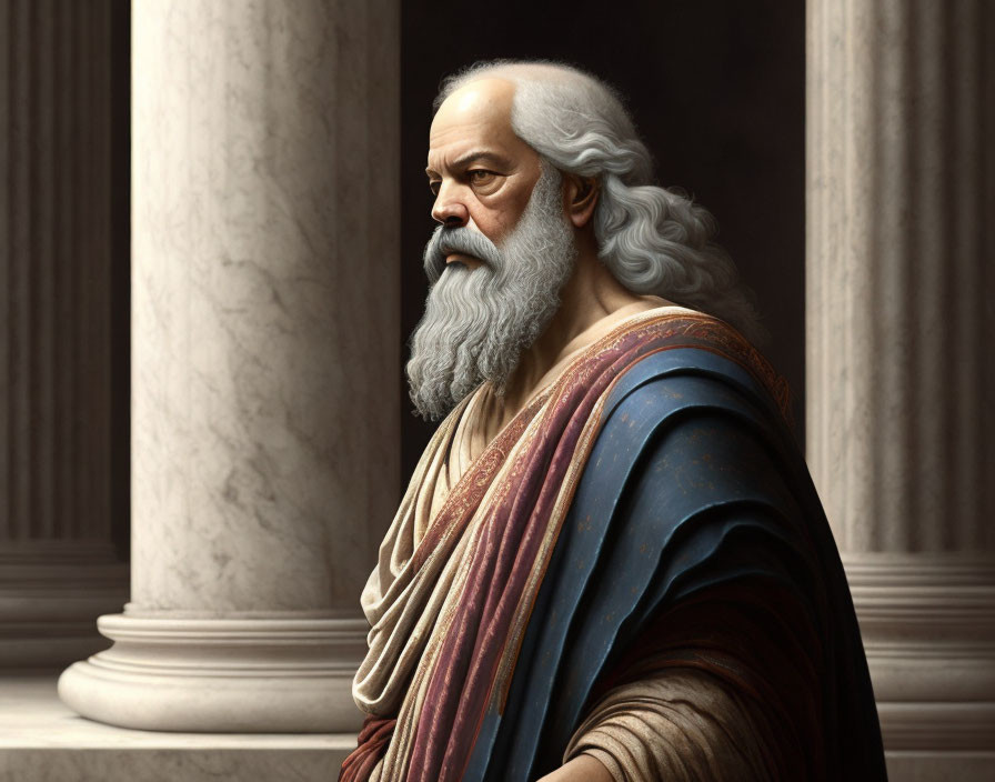 Elderly bearded man in blue and red robes in marble hall