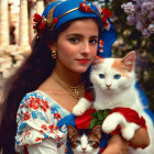 Woman in traditional folk costume with small dog in front of historic building