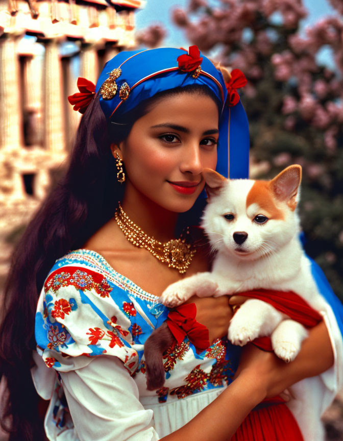 Woman in traditional folk costume with small dog in front of historic building