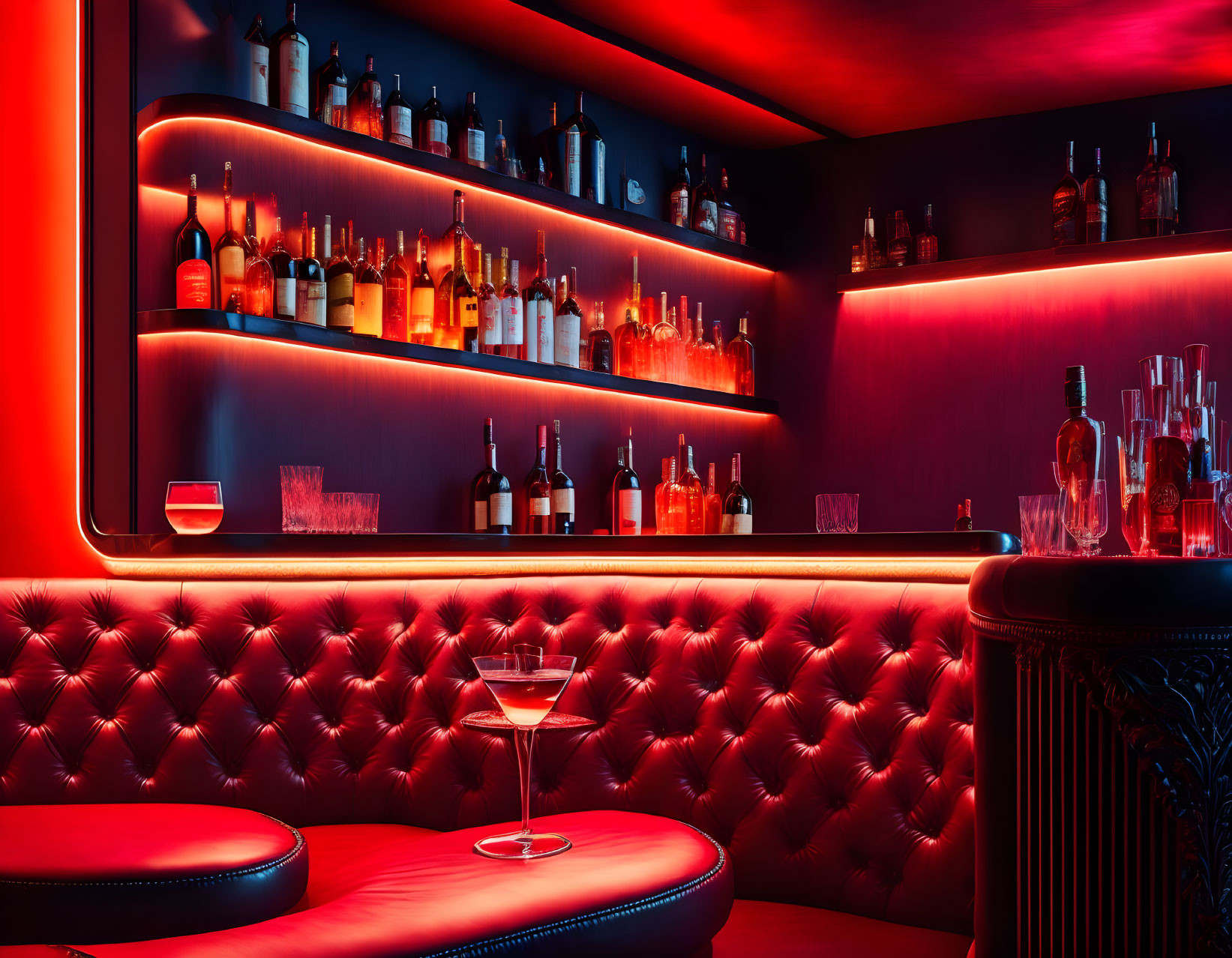 Plush Bar Interior with Red Neon Lighting and Leather Seating