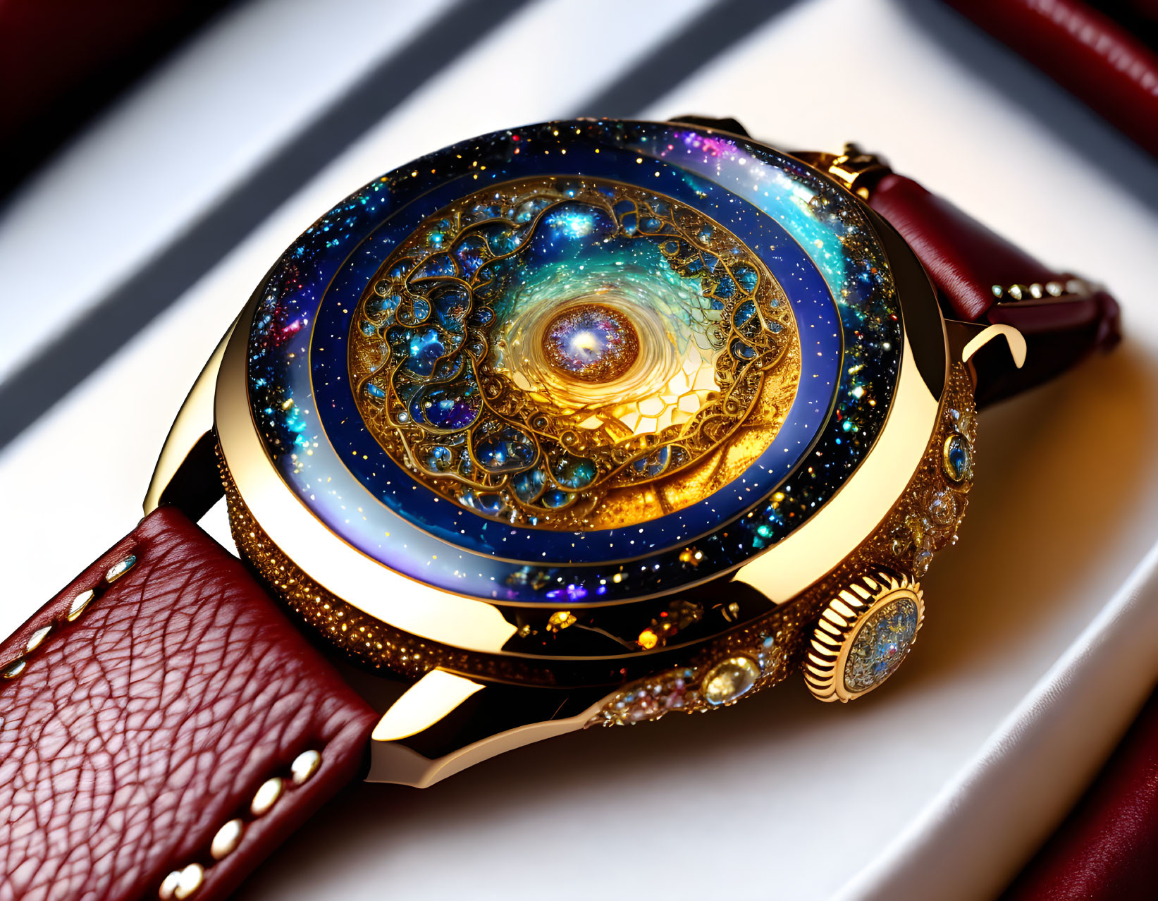 Luxurious Cosmic-themed Wristwatch with Golden Gears and Crystal Embellishments