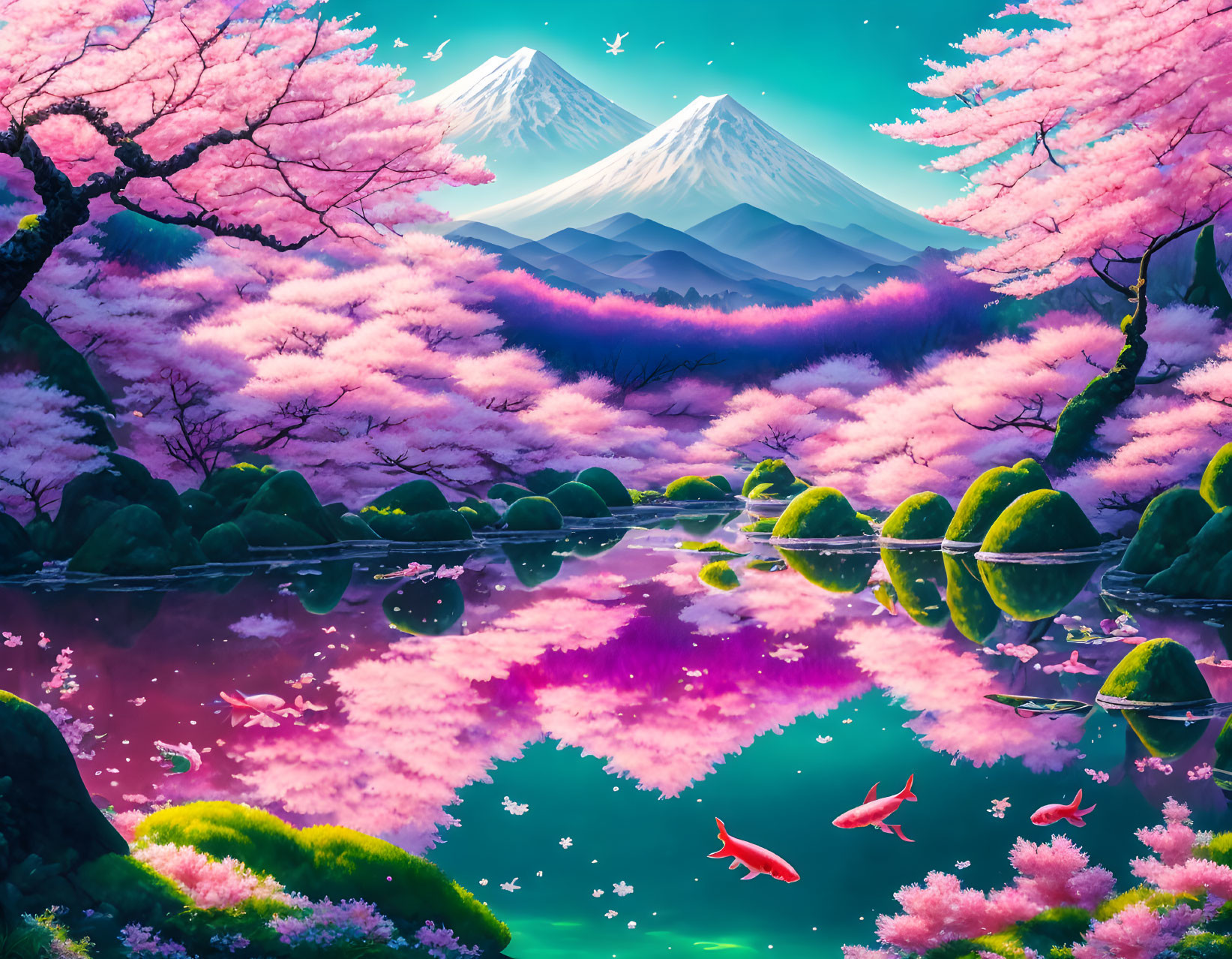 Tranquil Cherry Blossom Landscape with Koi Fish and Snowy Mountains