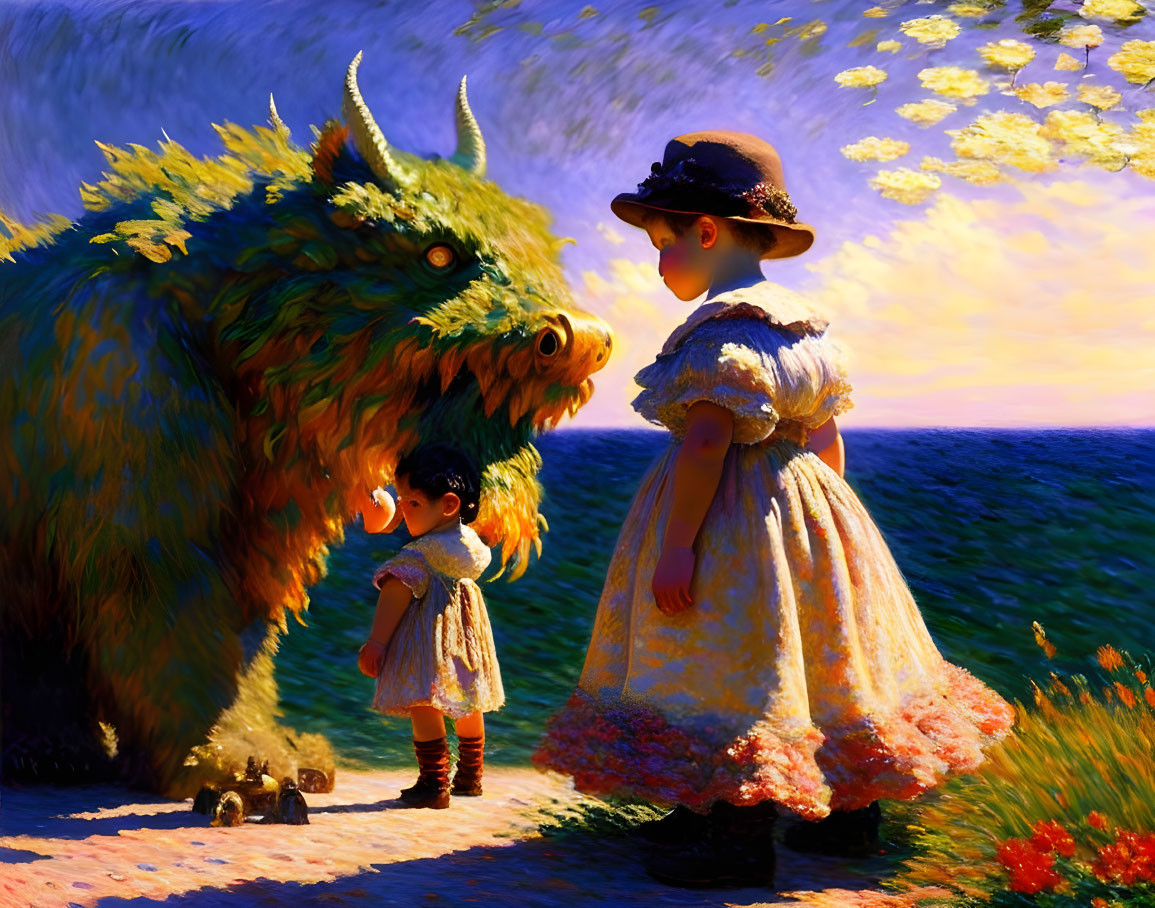 Young girl in vintage dress meets friendly beast with child in sunset scene