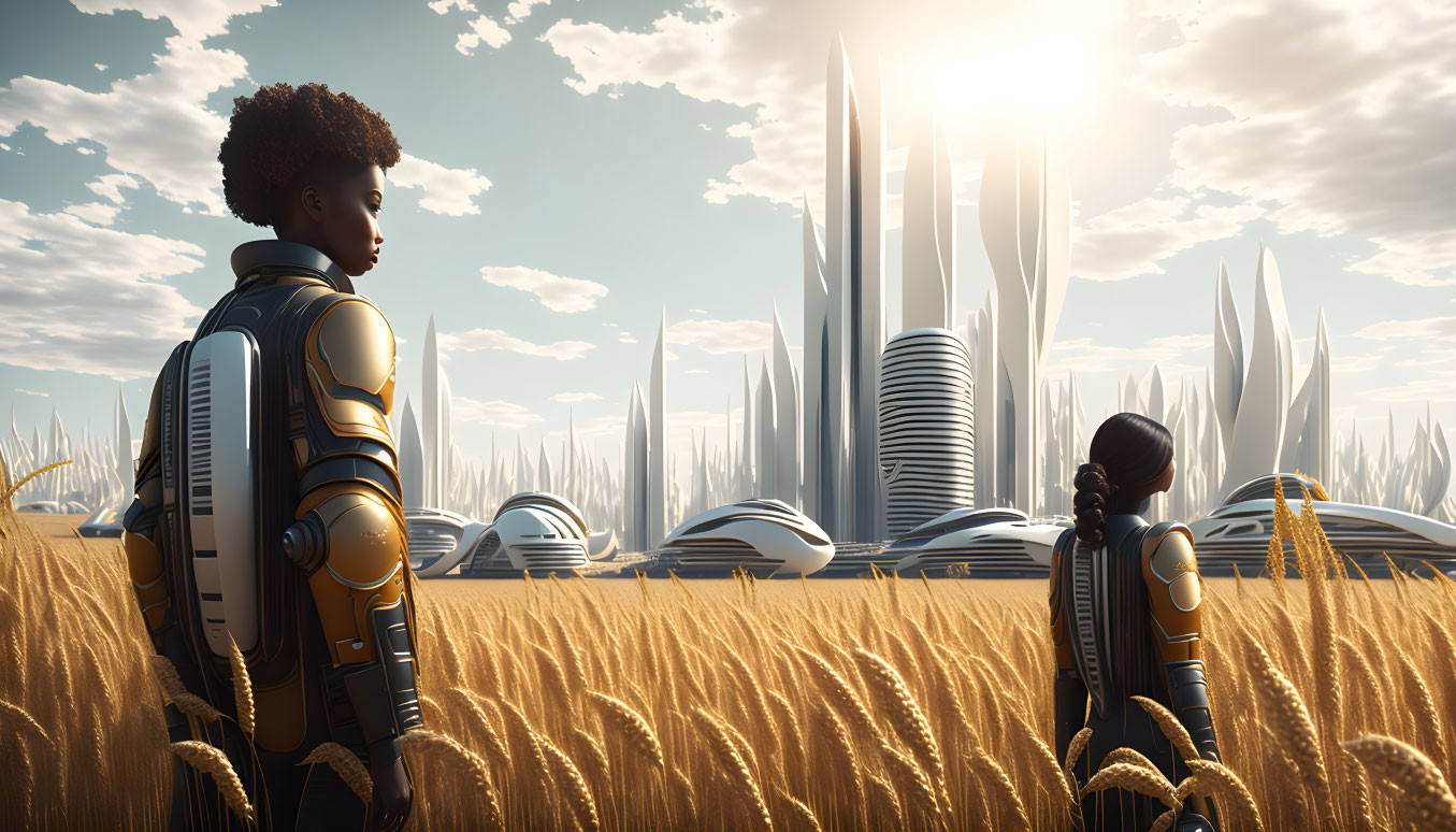 Futuristic individuals in suits admire cityscape under sunny sky