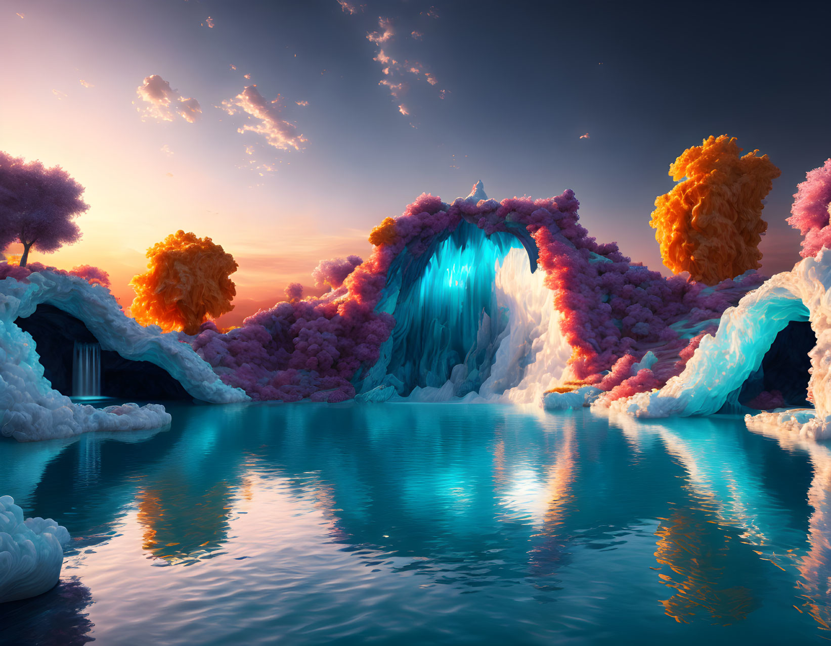 Vibrant surreal landscape with fluffy trees and waterfall under colorful sky