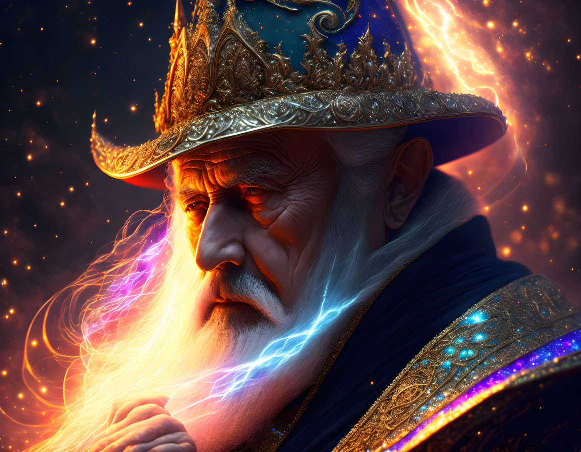 Elderly man with ornate crown and regal cloak in ethereal light against starry backdrop