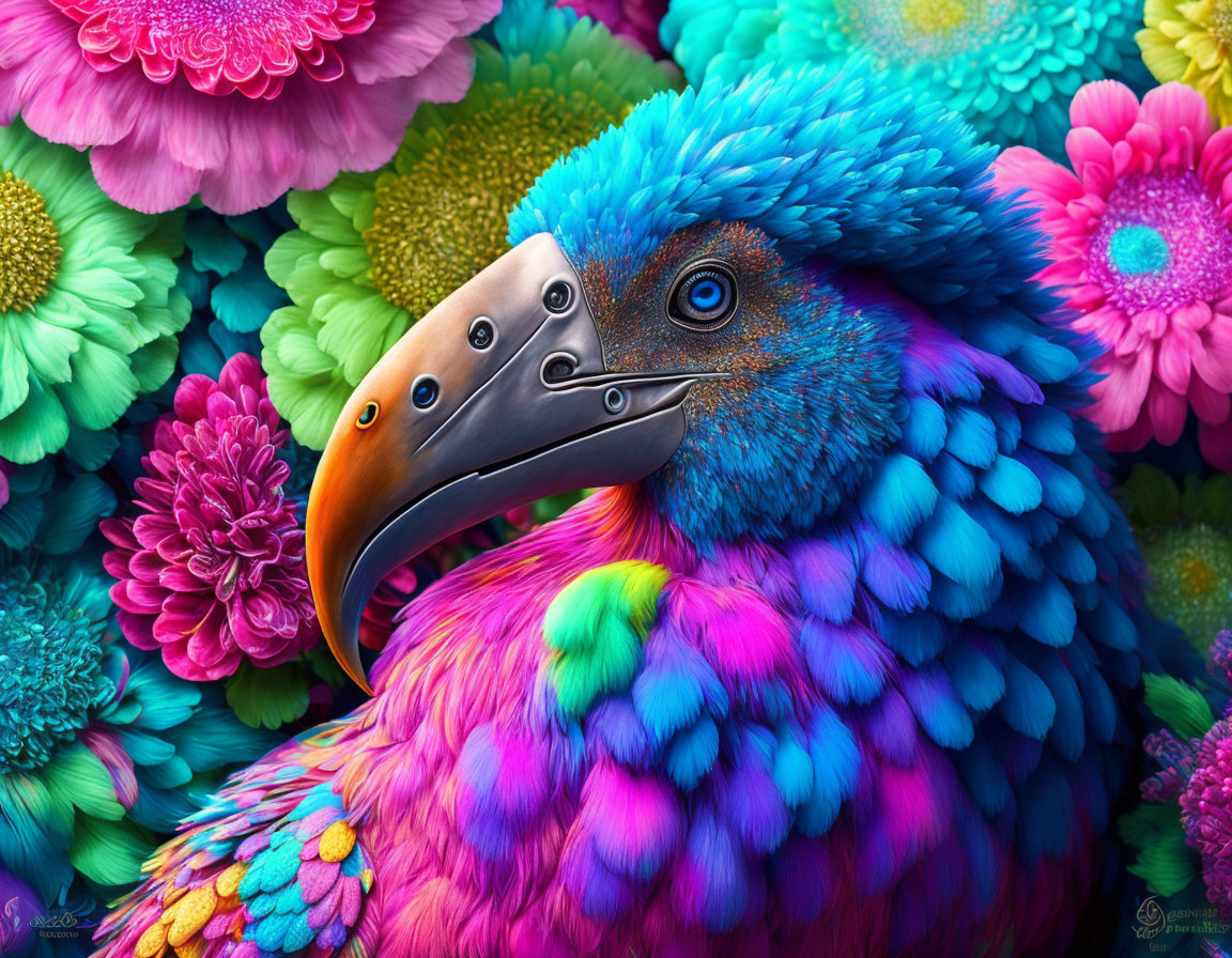 Colorful Digital Artwork: Bird with Blue and Pink Feathers and Multicolored Flowers