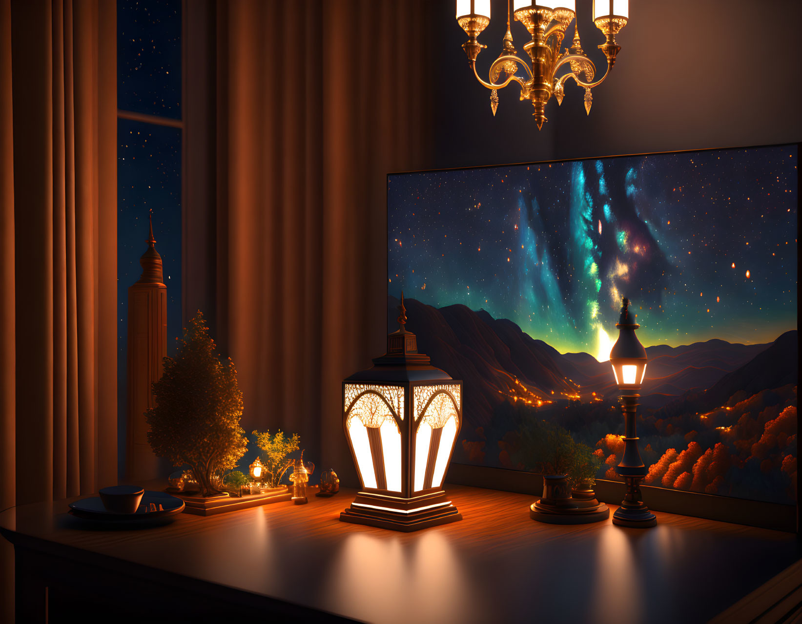 Warm Interior with Glowing Lantern and Aurora Mountain View