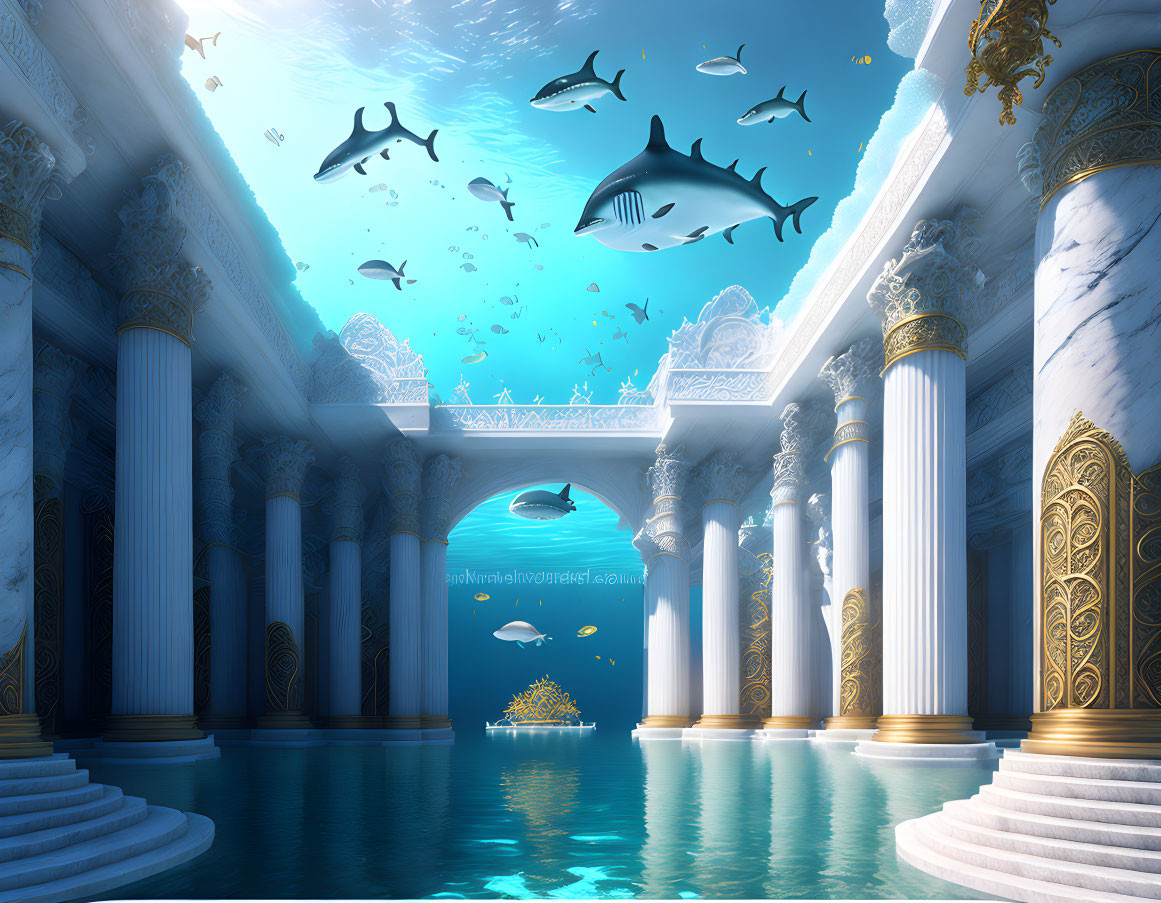 Classical underwater scene with marble columns, arches, and fish