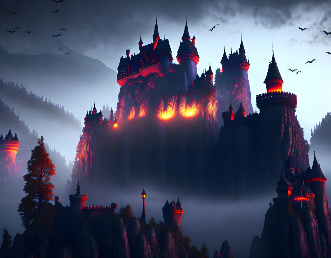 Gothic castle on misty peaks with glowing windows and flying birds