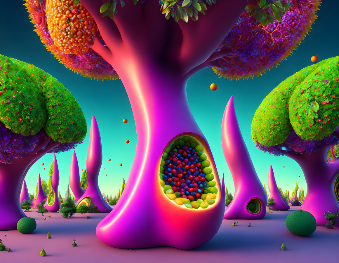 Colorful alien landscape with whimsical purple trees and colorful orbs against a teal sky