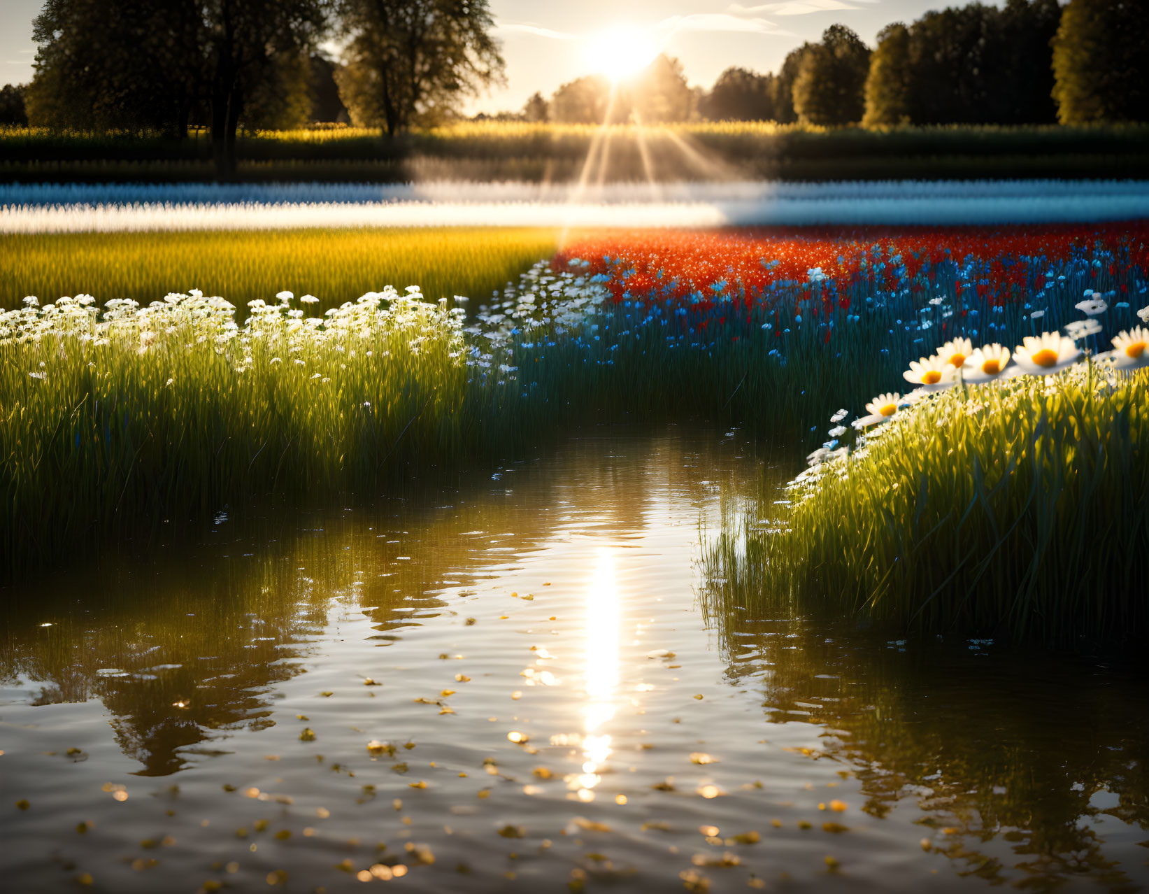 Tranquil sunset over water with flower fields & greenery