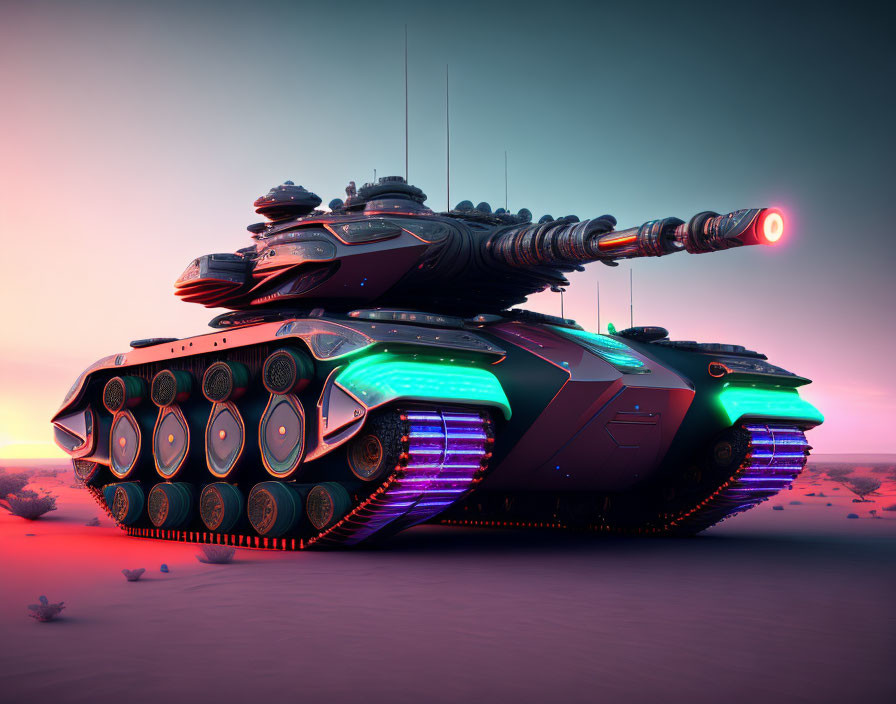 Futuristic tank with neon accents and advanced weaponry at dawn/dusk