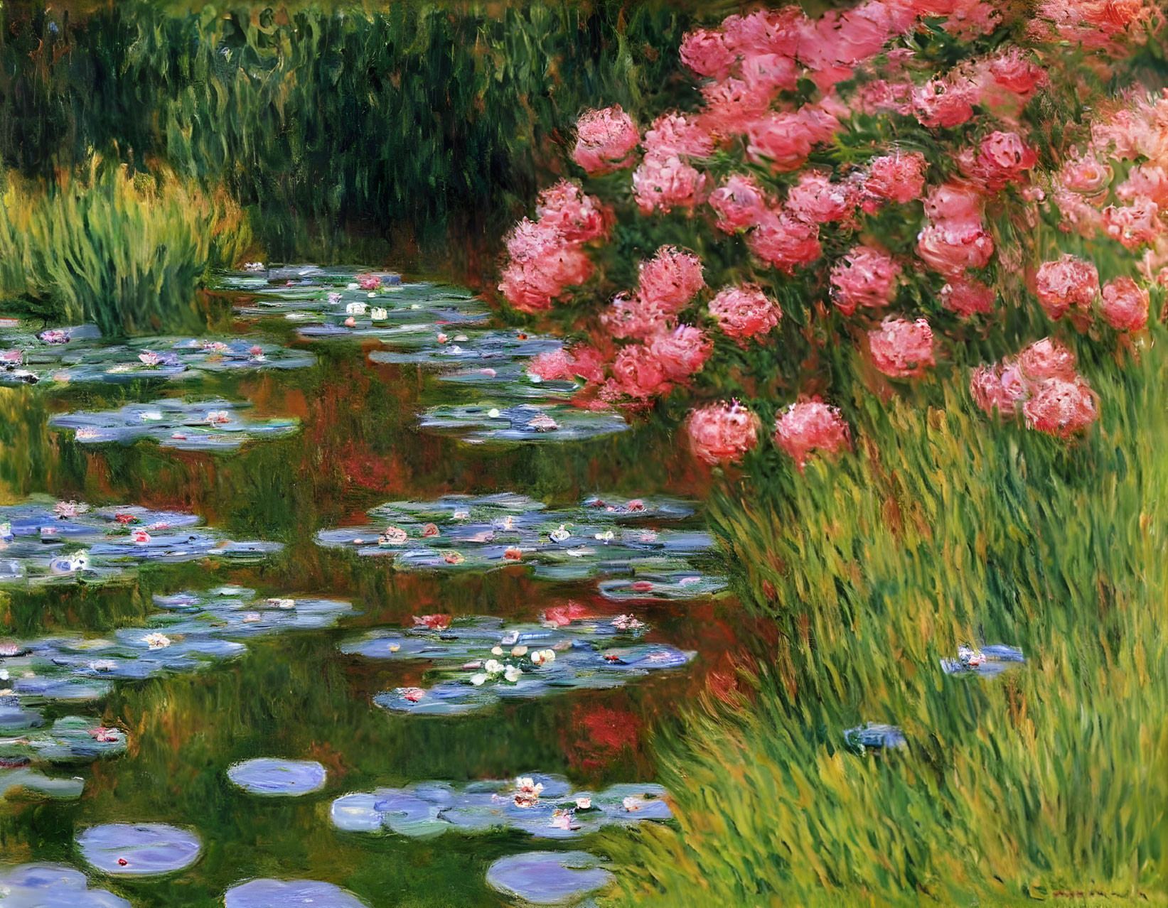 Impressionist painting of water lilies and foliage by a pond