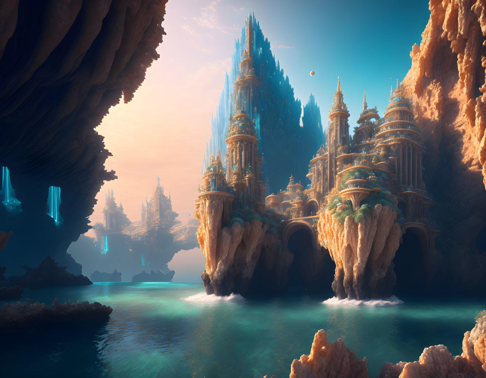 Fantastical landscape with towering spire-like structures and serene waterbody