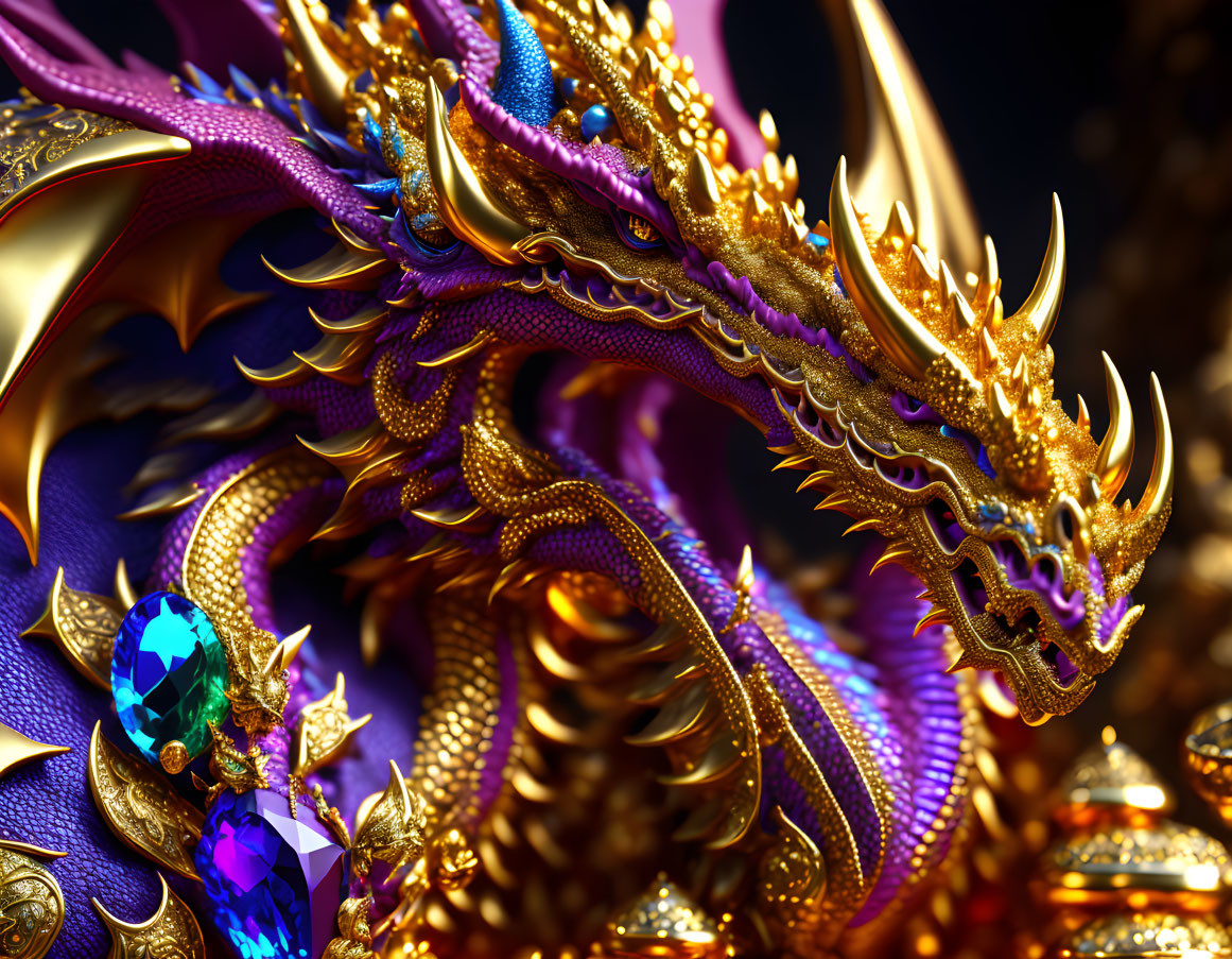 Detailed Golden Dragon with Purple Accents and Precious Gems