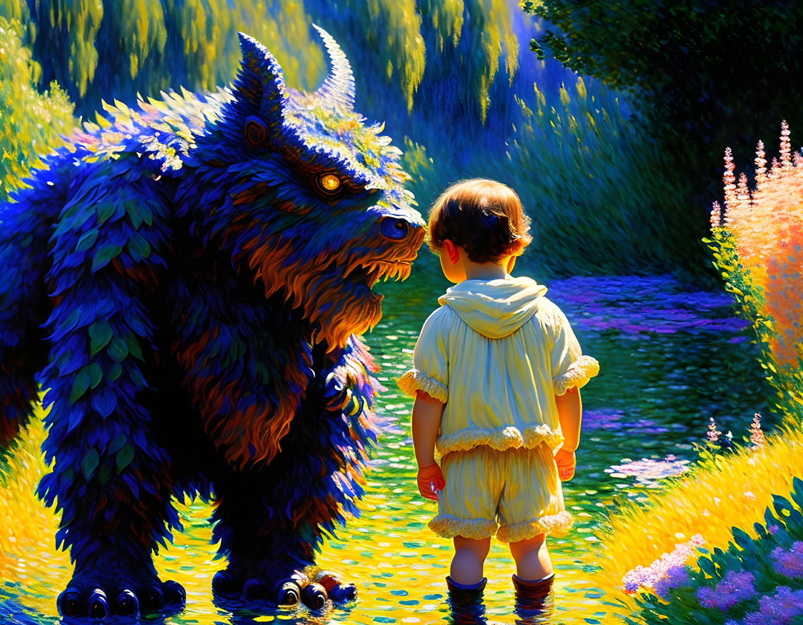 Child and friendly beast in colorful, lush flora scene