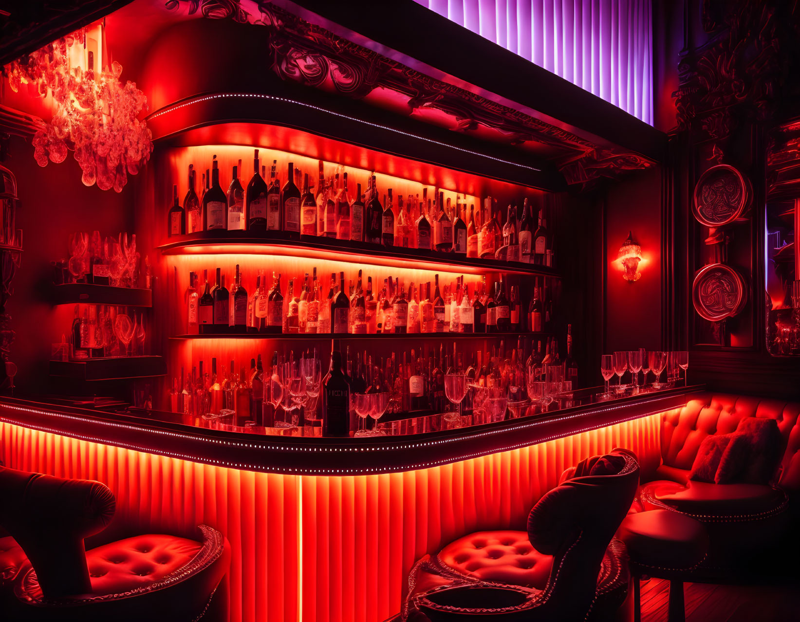 Elegant red-lit bar with plush seats and ornate chandeliers