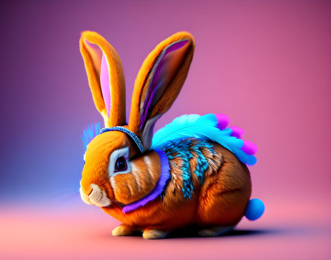 Colorful orange rabbit with blue feathers and headband on pink and purple gradient.