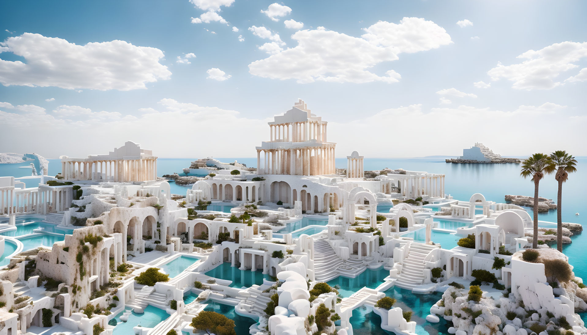 Ancient Greek city reimagined with white structures and waterways under blue sky.