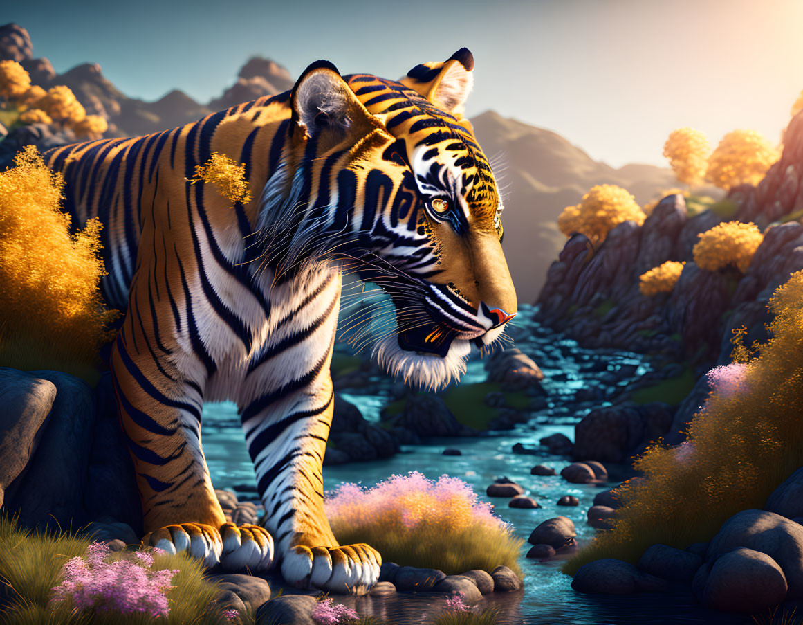 Majestic tiger in serene landscape with vibrant trees and mountains