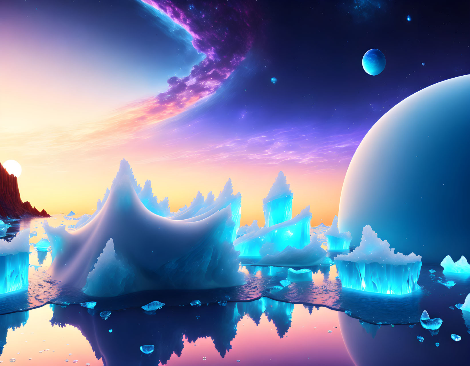 Colorful digital artwork of icy landscapes, floating icebergs, and surreal sky with moons and galaxy