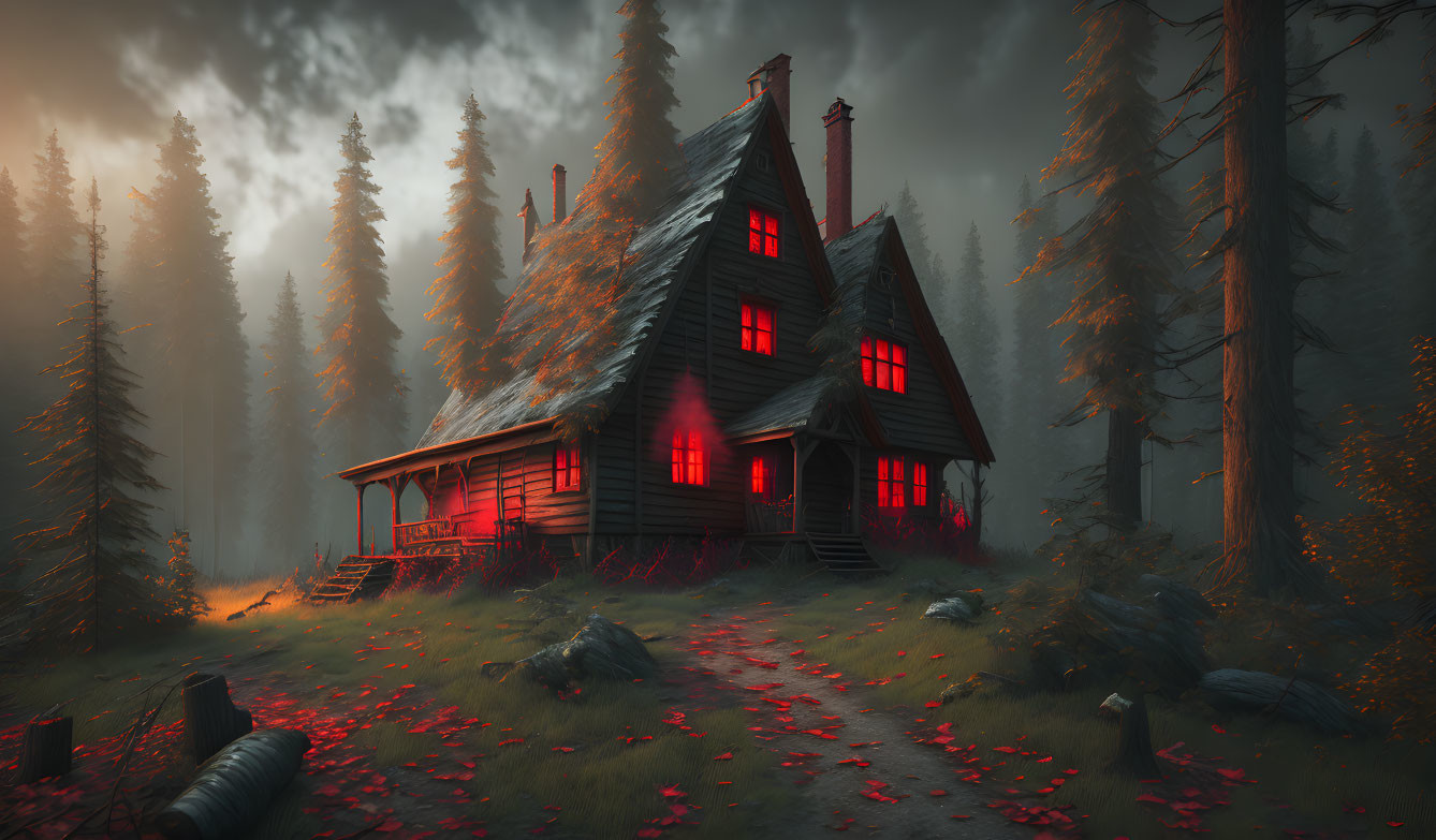 Spooky wooden cabin in dark forest with red glowing windows