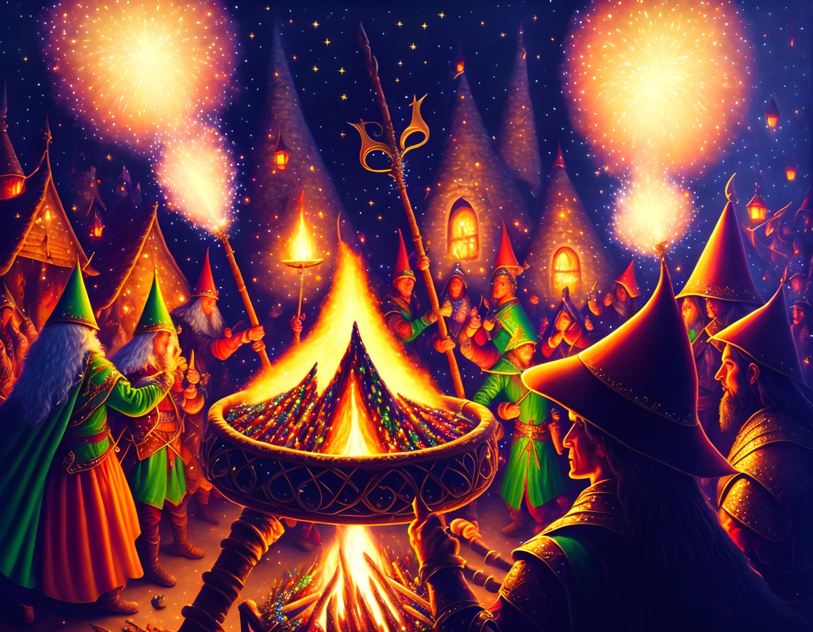 Group of Pointed Hat Wizards Around Large Fire at Night