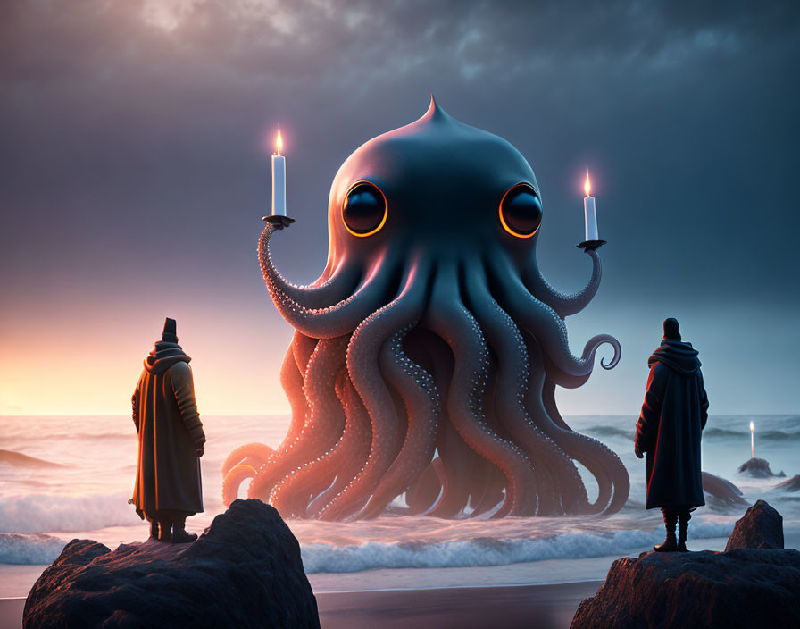 Cloaked figures and octopus with candles on beach at dusk