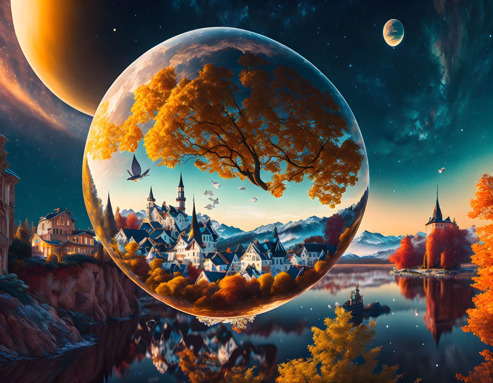 Autumnal village by lake with floating sphere and starry sky