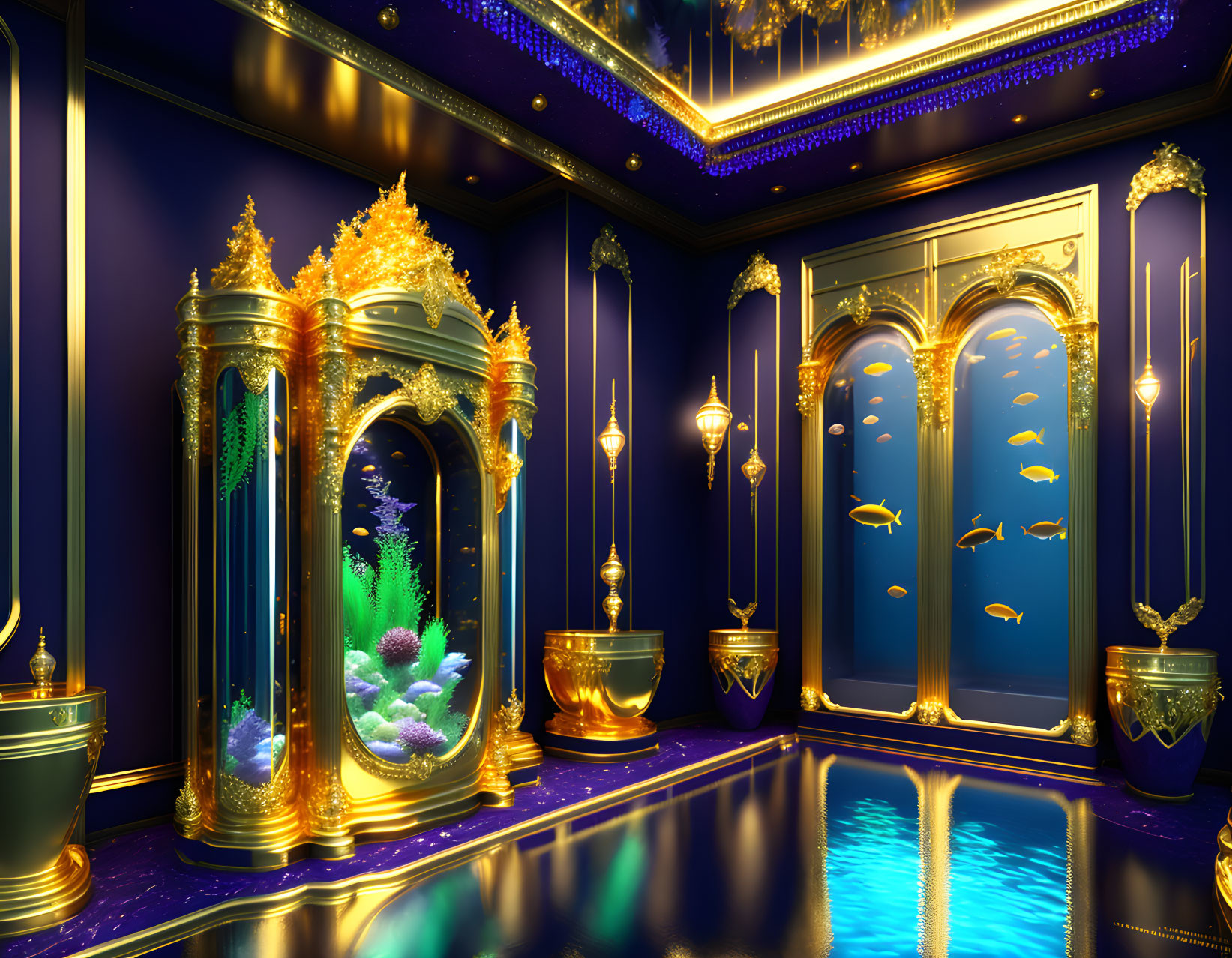 Opulent interior design with gold-trimmed furnishings, blue walls, aquarium, ornate doors,