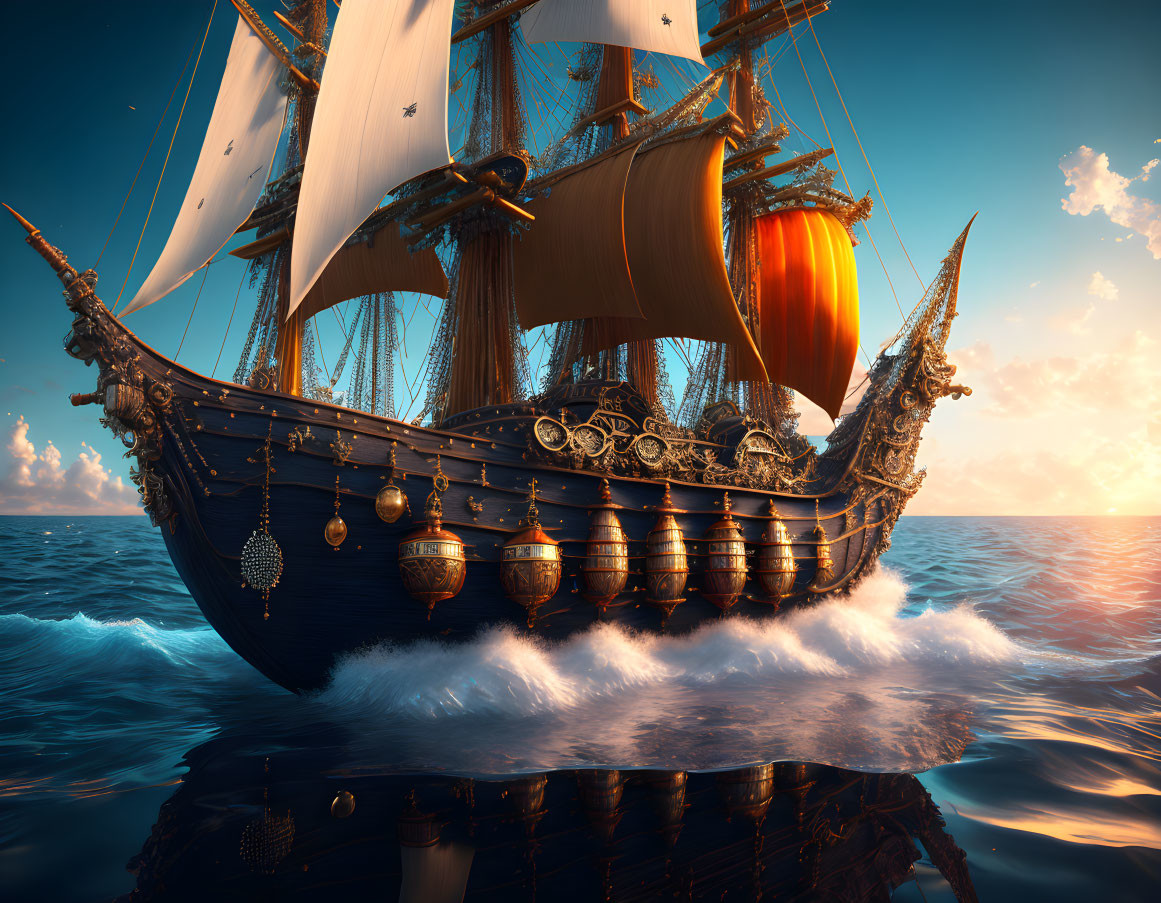 Golden-embellished sailing ship at sunset on open sea