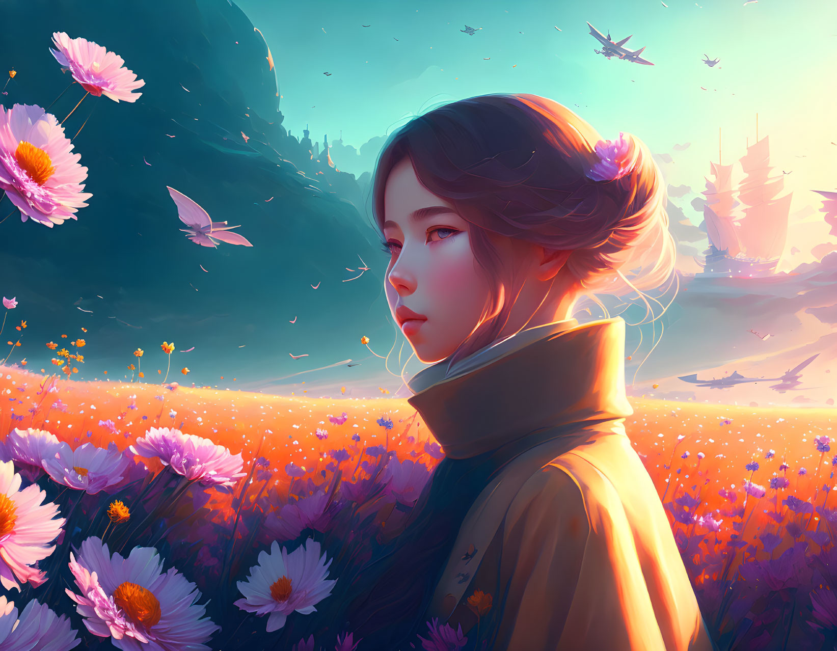 Illustrated scene: Woman in pink flower field with butterflies and flying ships