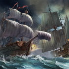 Three majestic ships sailing through stormy seas under dramatic skies.