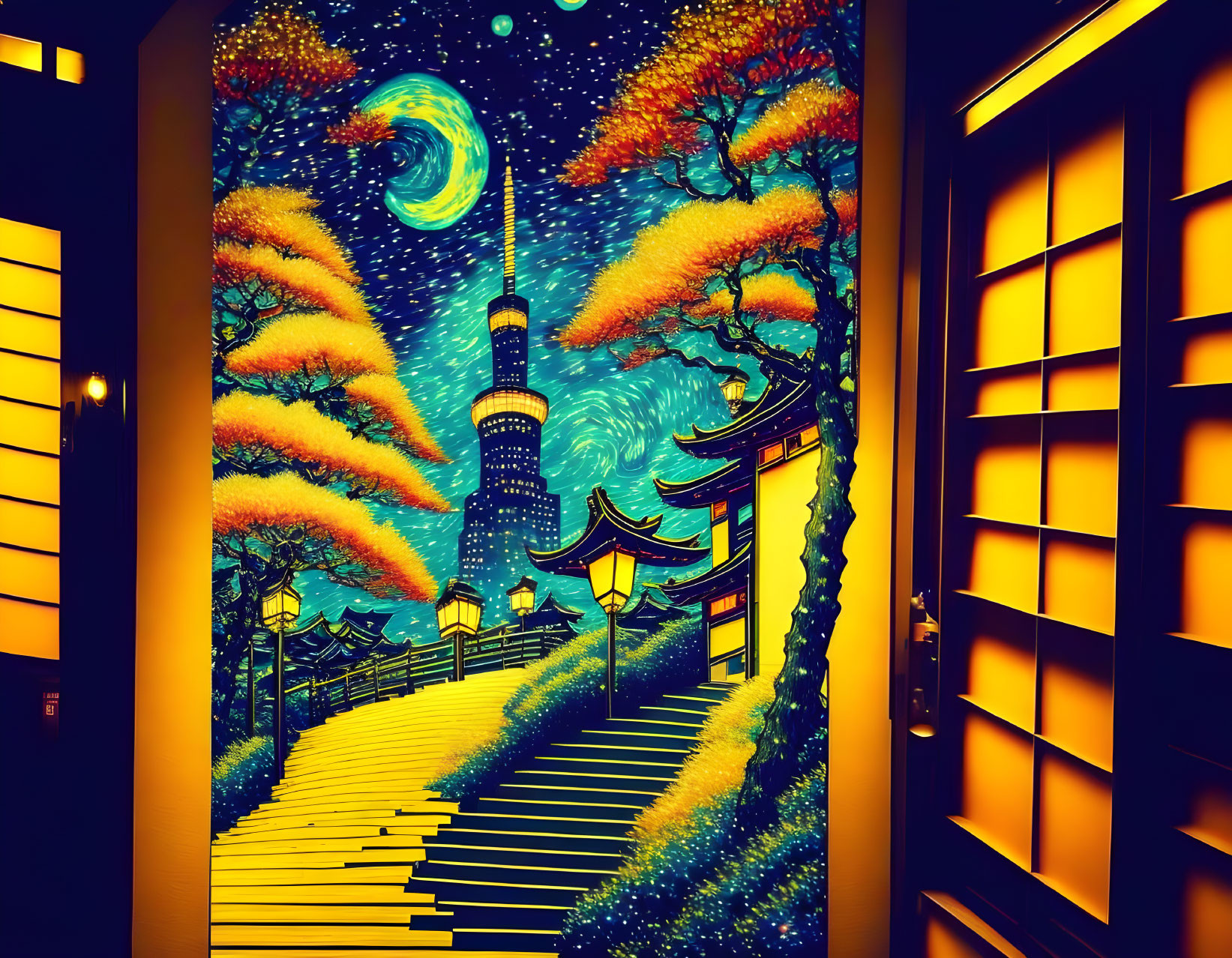 Colorful neon mural of Asian landscape with pagoda, moon, stars, trees, and glowing windows