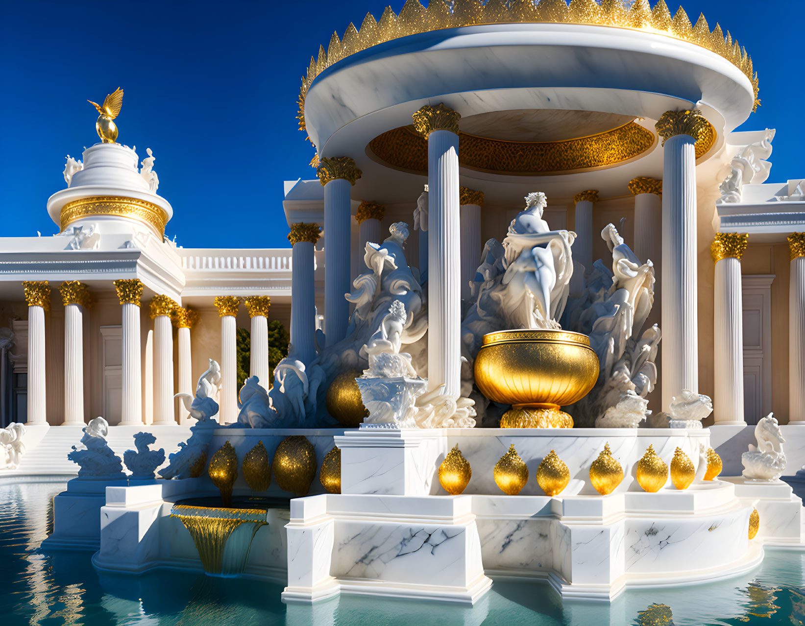 Classical circular pavilion with statues and fountain against blue sky