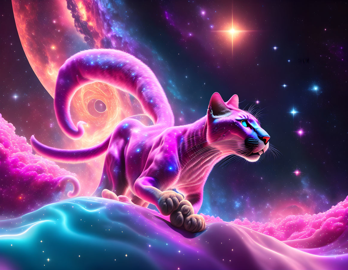 Colorful digital artwork: Cosmic neon pink cat on celestial landscape