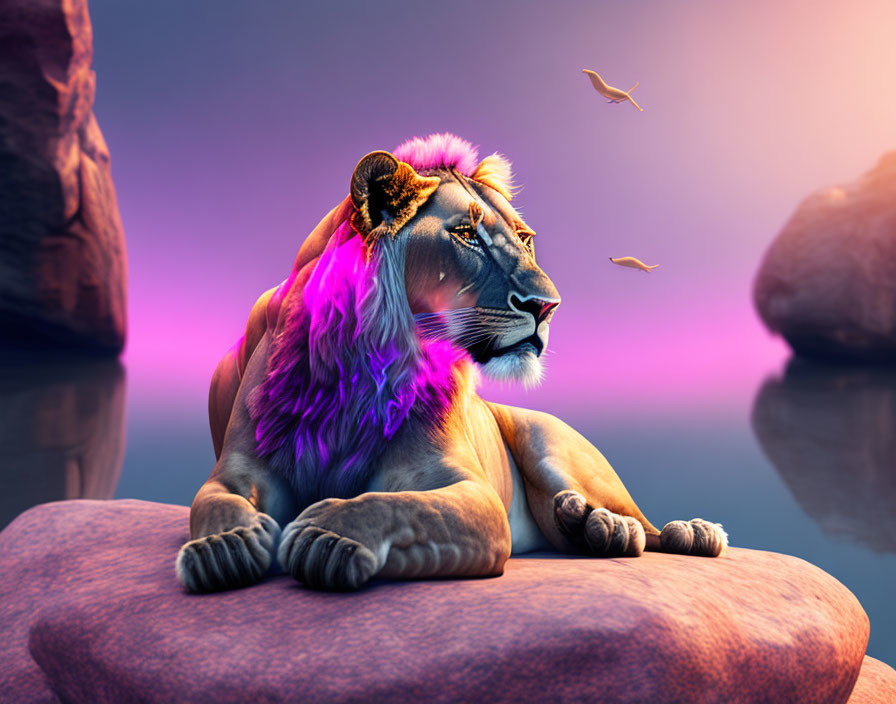 Digitally altered lion with purple mane in surreal landscape