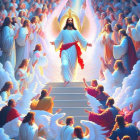 Figure with Halo Ascending Stairs Surrounded by Winged Beings in White Robes