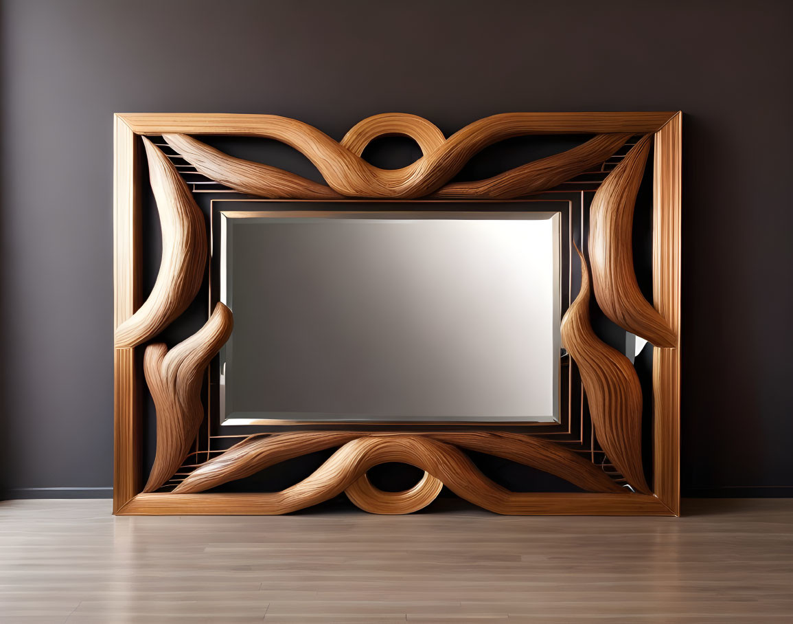 Intricately designed wooden frame with wave patterns surrounding square mirror on dark gray wall and wooden floor