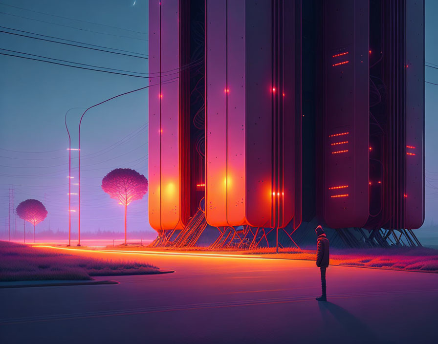 Person gazes at futuristic structures under twilight sky