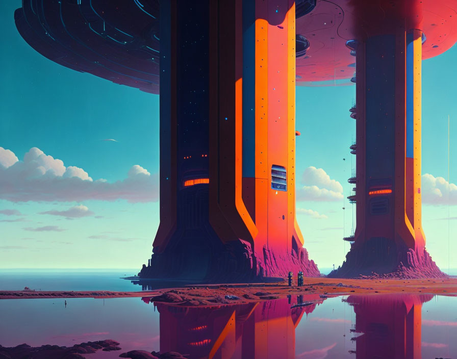 Futuristic landscape with towering structures and purple sky