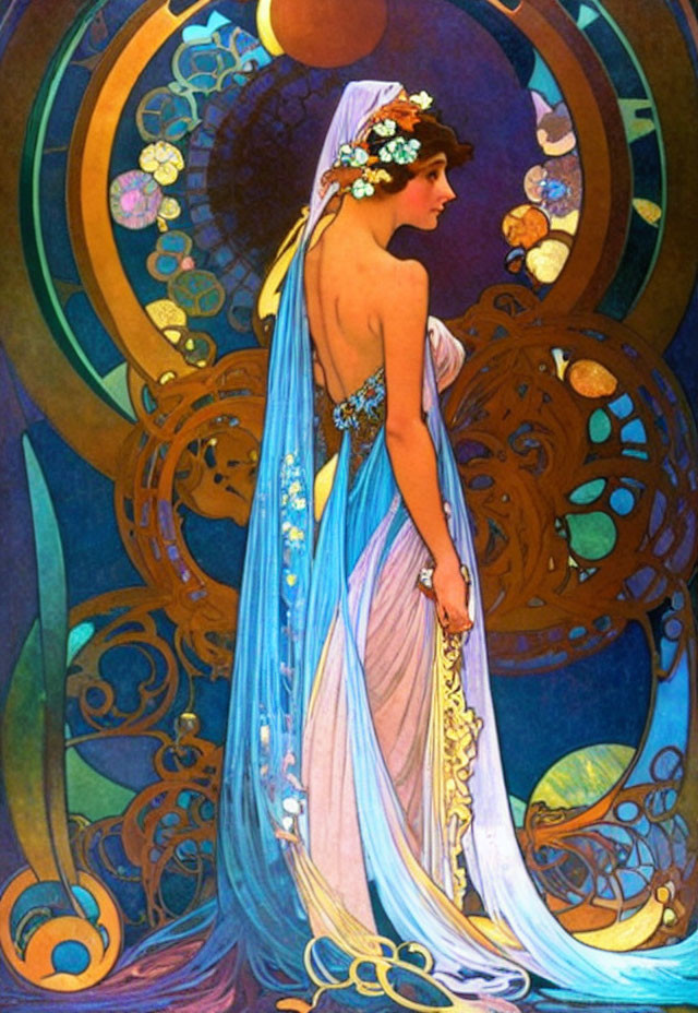 Art Nouveau Woman in Blue Gown with Floral Adornments