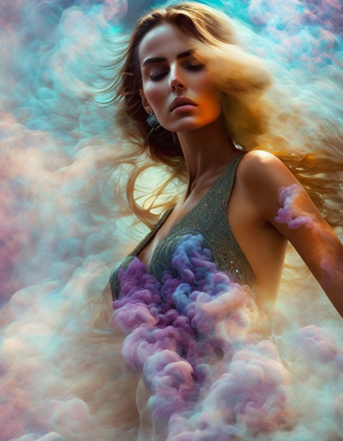 Woman with flowing hair surrounded by colorful smoke clouds