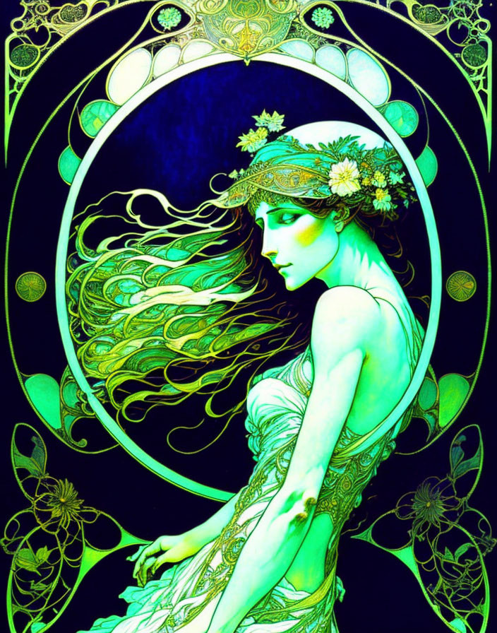 Detailed Art Nouveau Woman Illustration with Flowing Hair and Floral Adornments