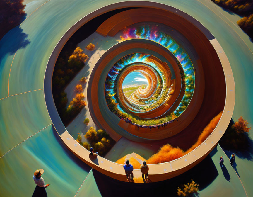 Vibrant spiraling artwork on circular platform creates illusion of depth