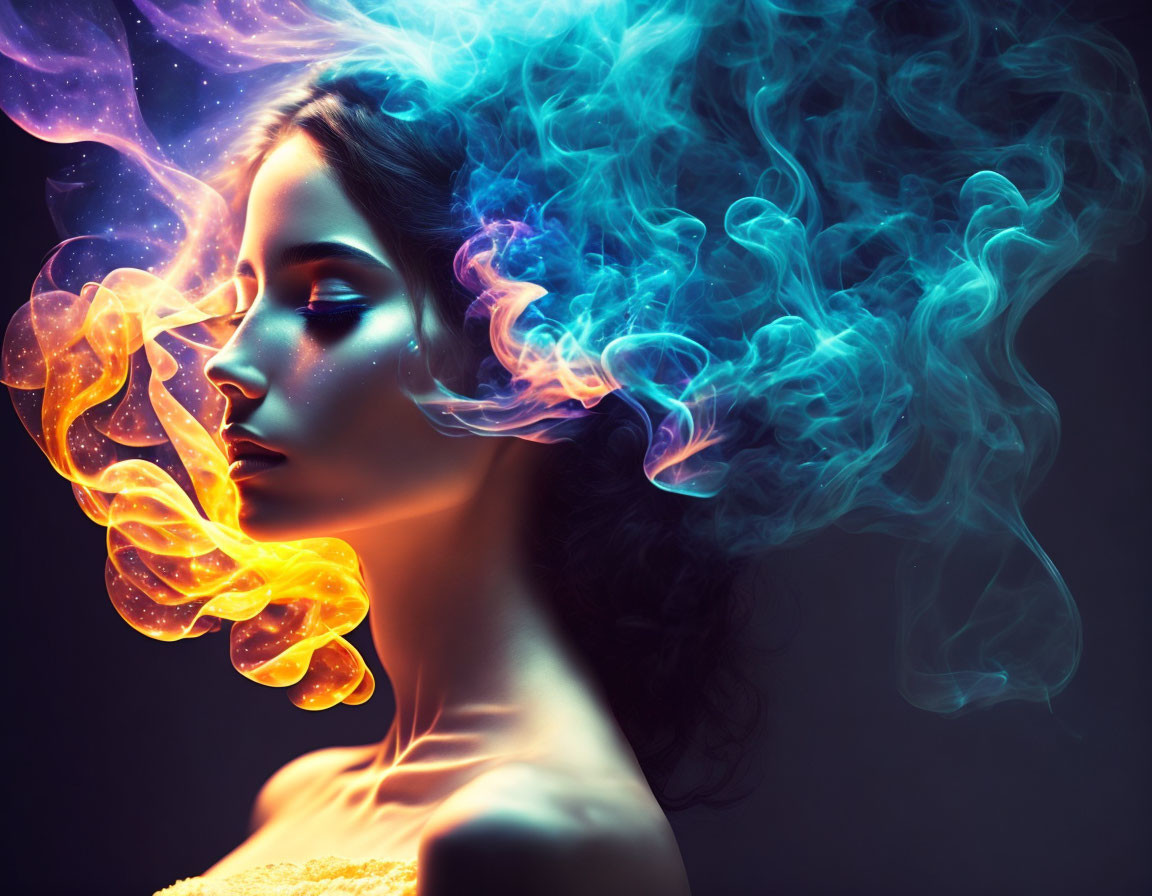 Colorful Smoke-Like Hair Profile in Blue and Orange Hues