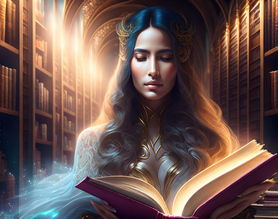 Mystical woman with ornate headpiece reading glowing book in grand library